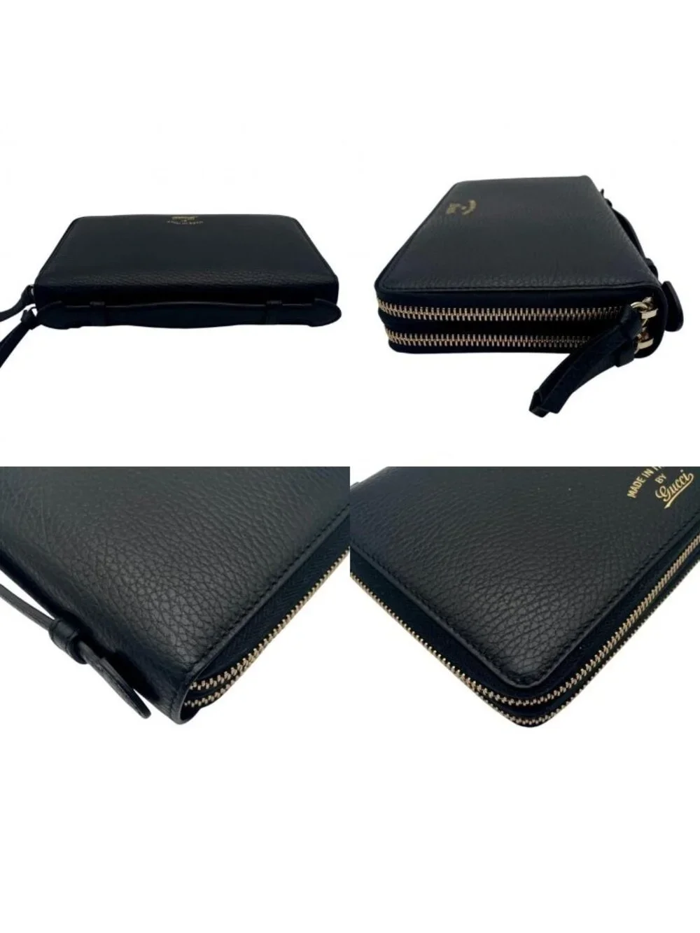 Gucci Wallet Swing Travel Case Bifold Double Zipper Zip Around Leather Black